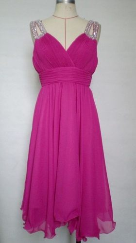 Fuchisa Chiffon Tea length Straps with Beadings Homecoming/ Cocktail Dress